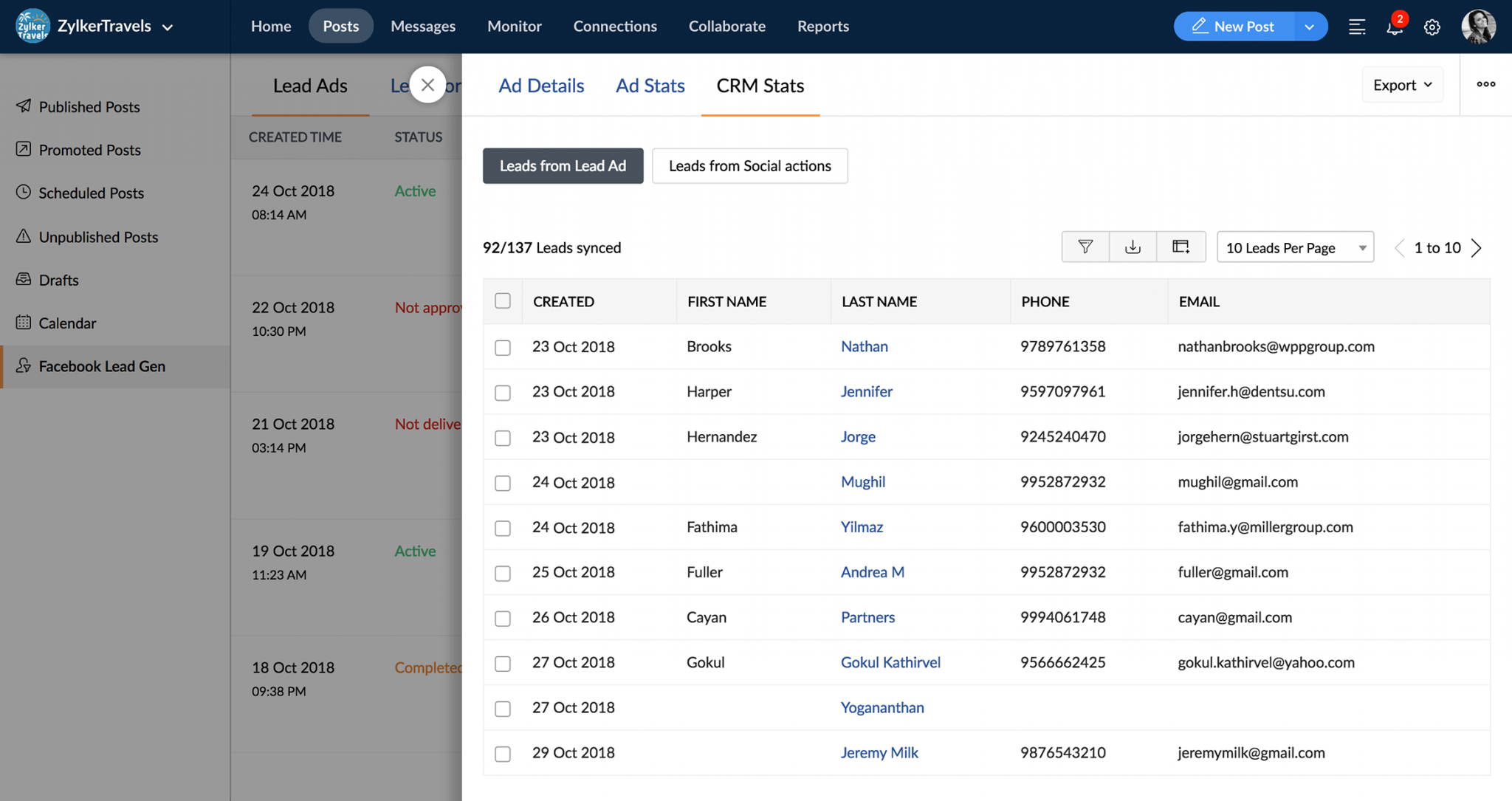 Crm lead details. CRM Фейсбук. Zoho CRM Интерфейс. Social CRM. Zoho CRM пример базы клиентов.